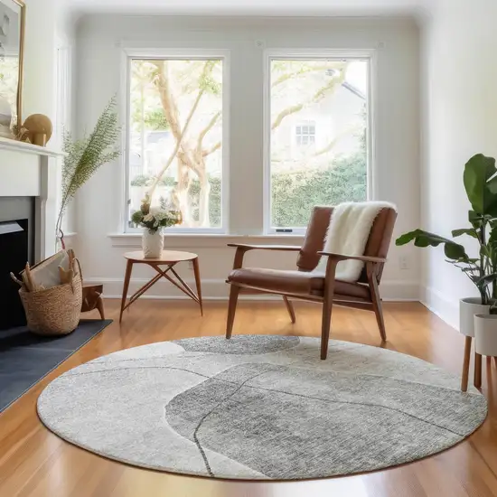 8' Gray And Silver Abstract Washable Round Rug With UV Protection Photo 5