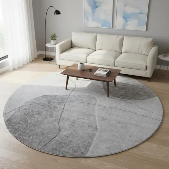 8' Gray And Silver Abstract Washable Round Rug With UV Protection Photo 2
