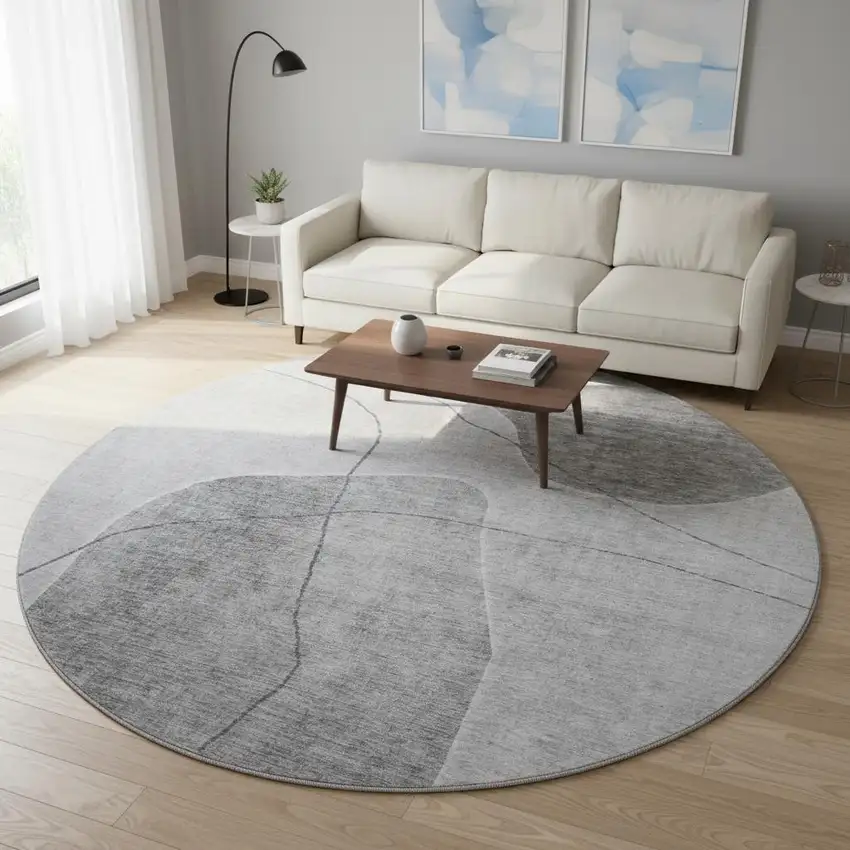 8' Gray And Silver Abstract Washable Round Rug With UV Protection Photo 2
