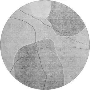Photo of 8' Gray And Silver Abstract Washable Round Rug With UV Protection