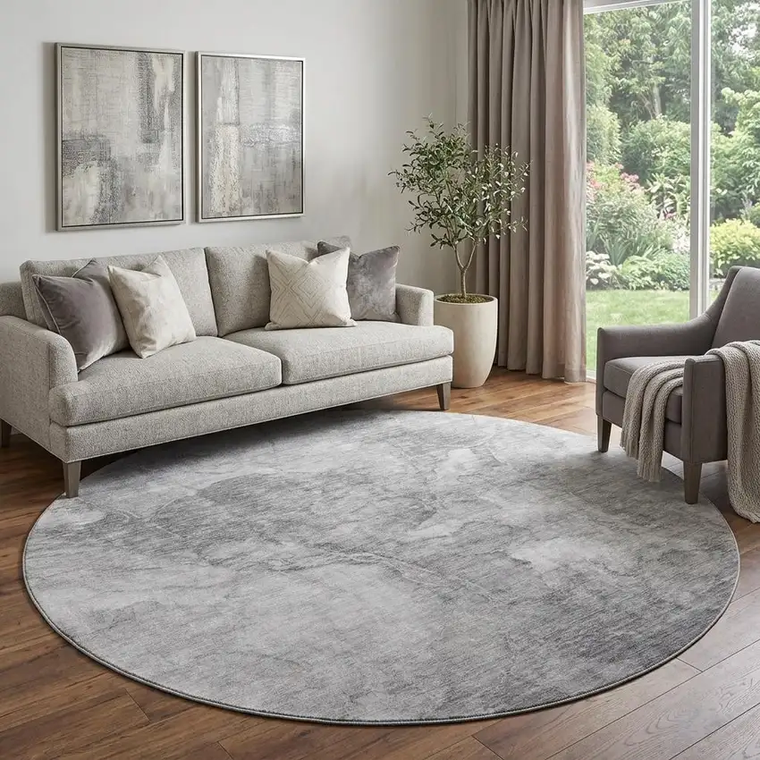 8' Gray And Silver Abstract Washable Round Rug With UV Protection Photo 1