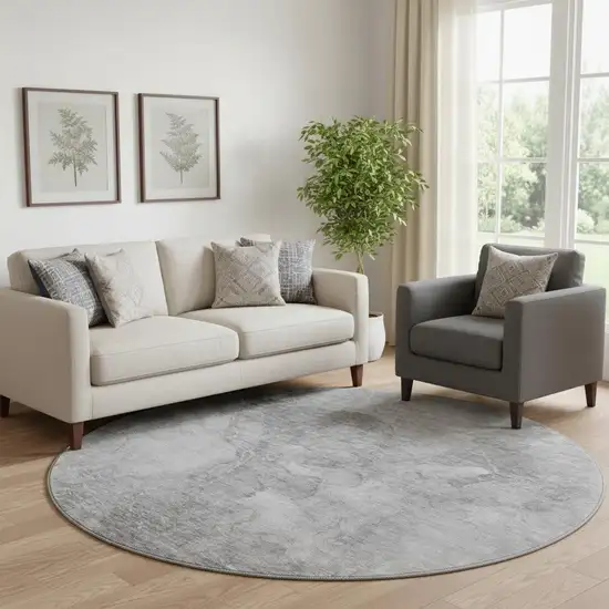 8' Gray And Silver Abstract Washable Round Rug With UV Protection Photo 1