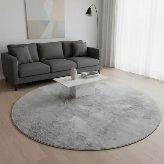 8' Gray And Silver Abstract Washable Round Rug With UV Protection Photo 2