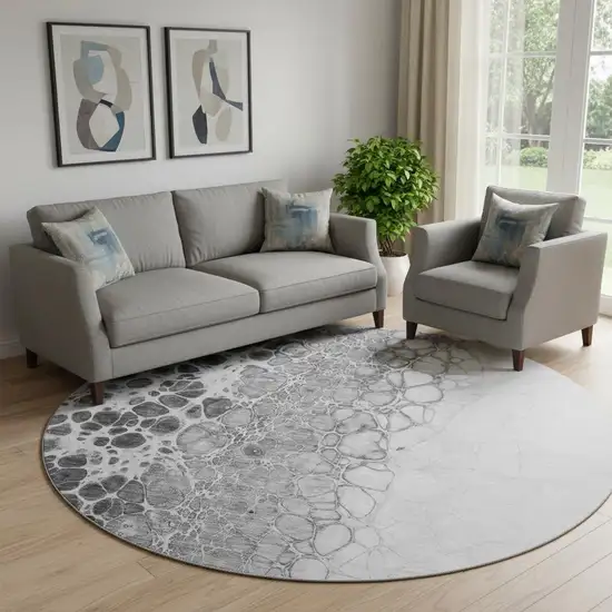 8' Gray And Silver Abstract Washable Round Rug With UV Protection Photo 1