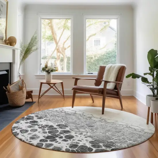 8' Gray And Silver Abstract Washable Round Rug With UV Protection Photo 4