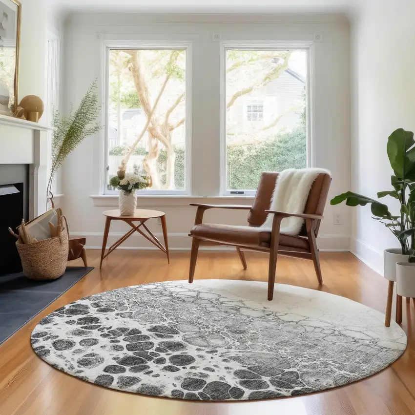 8' Gray And Silver Abstract Washable Round Rug With UV Protection Photo 4