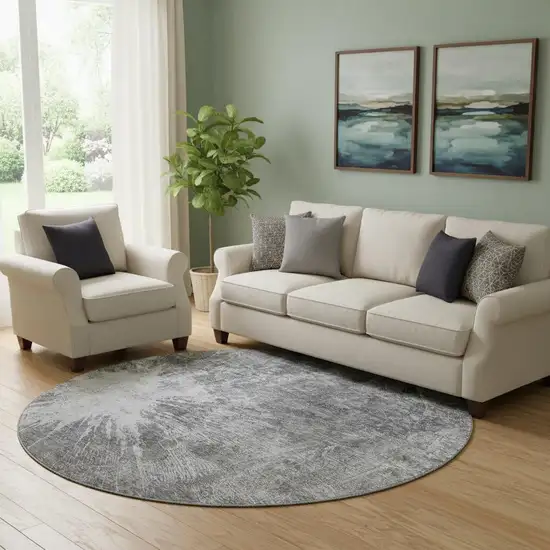 8' Gray And Silver Abstract Washable Round Rug With UV Protection Photo 1