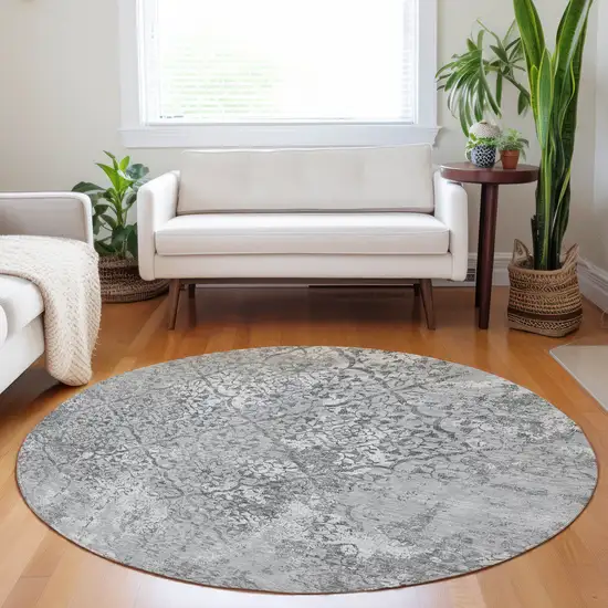 8' Gray And Silver Abstract Washable Round Rug With UV Protection Photo 5