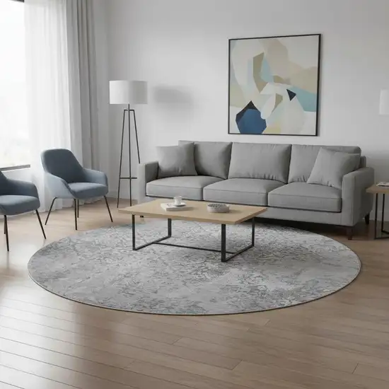 8' Gray And Silver Abstract Washable Round Rug With UV Protection Photo 2