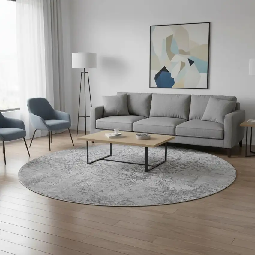 8' Gray And Silver Abstract Washable Round Rug With UV Protection Photo 2