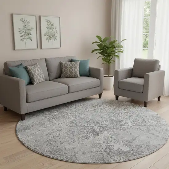 8' Gray And Silver Abstract Washable Round Rug With UV Protection Photo 1