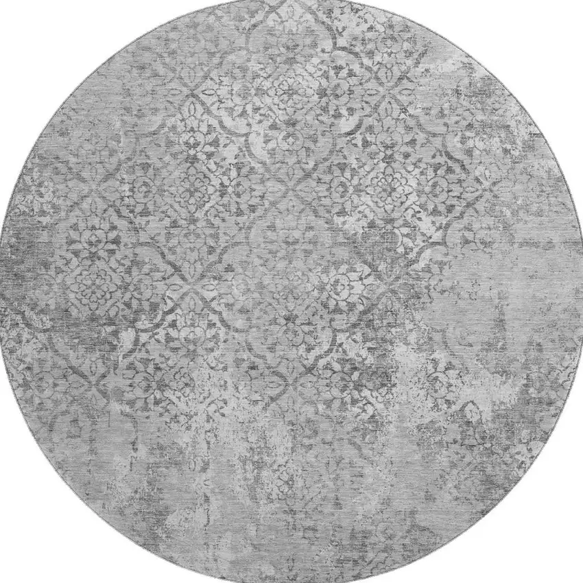8' Gray And Silver Abstract Washable Round Rug With UV Protection Photo 3