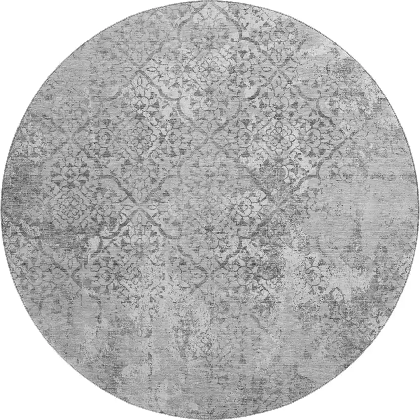 8' Gray And Silver Abstract Washable Round Rug With UV Protection Photo 1