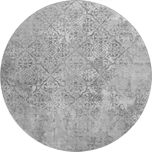 Photo of 8' Gray And Silver Abstract Washable Round Rug With UV Protection
