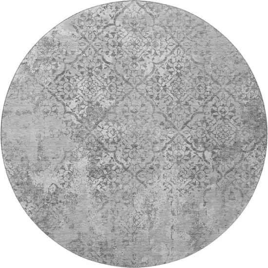 8' Gray And Silver Abstract Washable Round Rug With UV Protection Photo 4