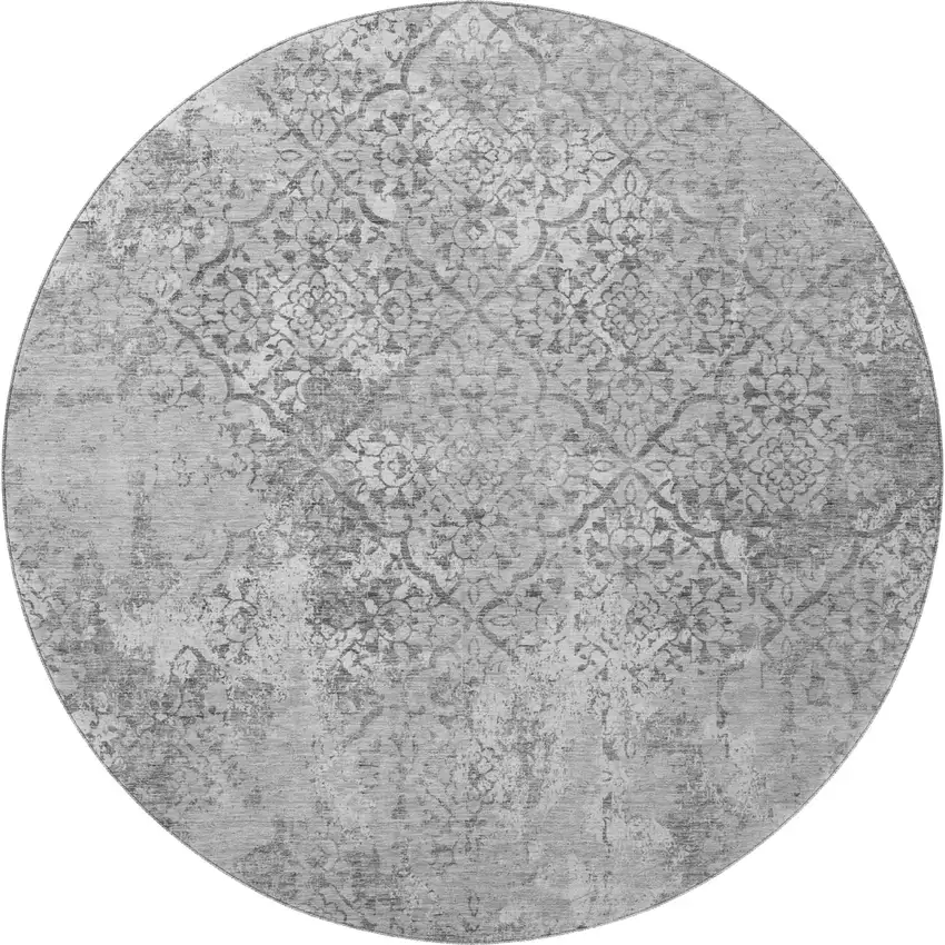 8' Gray And Silver Abstract Washable Round Rug With UV Protection Photo 4