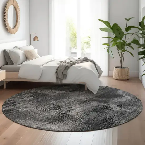 8' Gray And Silver Abstract Washable Round Rug With UV Protection Photo 5
