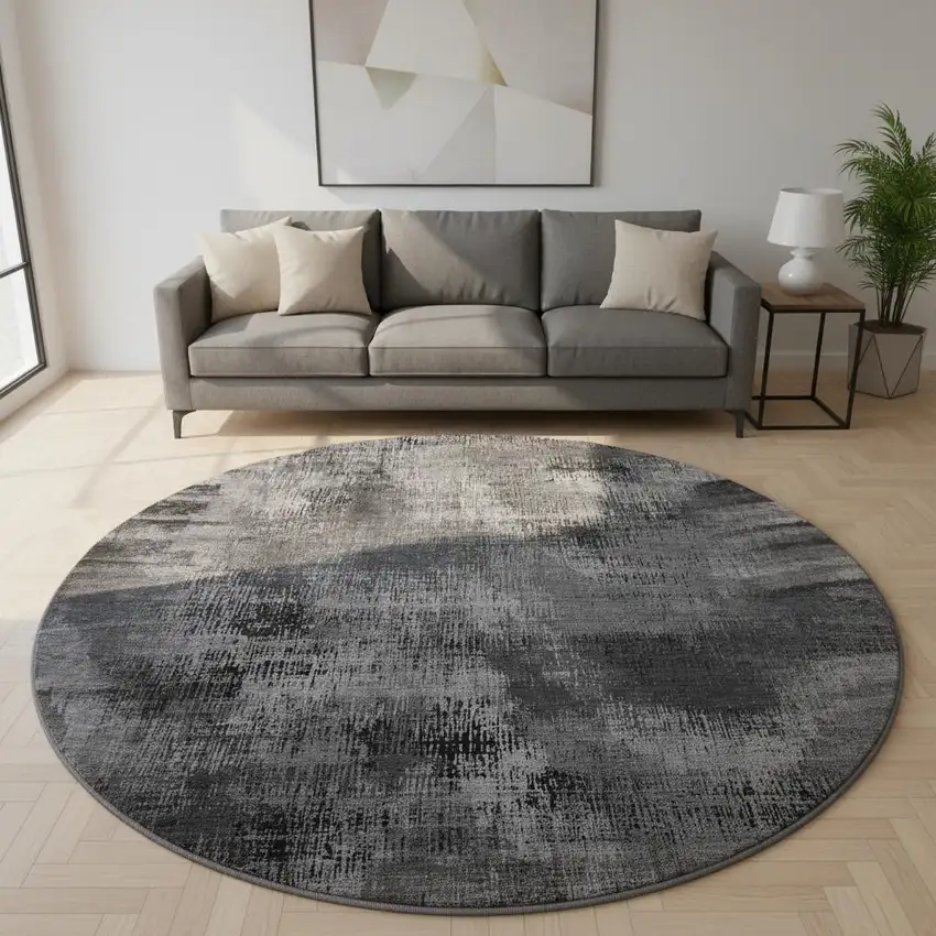 8' Gray And Silver Abstract Washable Round Rug With UV Protection Photo 2