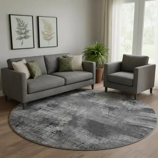8' Gray And Silver Abstract Washable Round Rug With UV Protection Photo 1