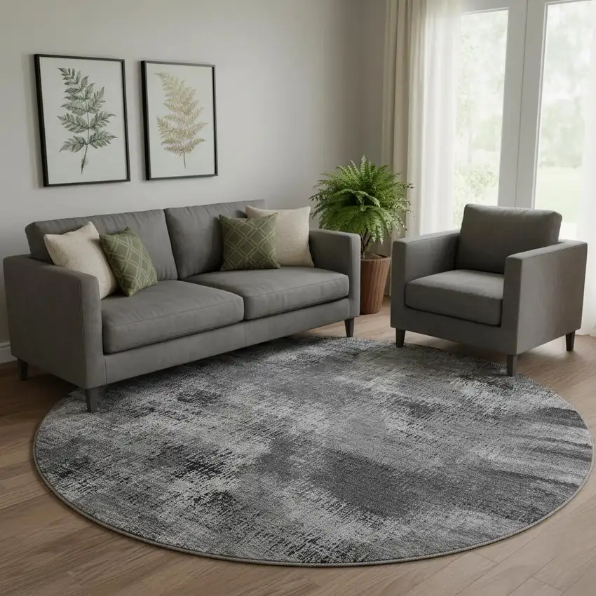 8' Gray And Silver Abstract Washable Round Rug With UV Protection Photo 1