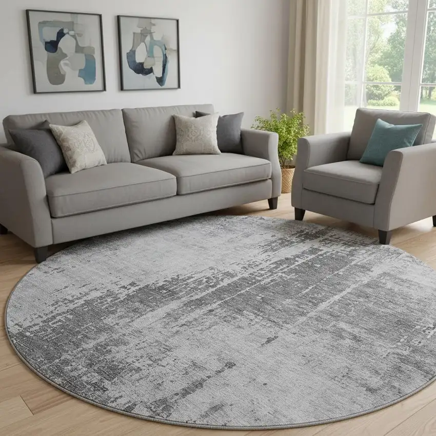 8' Gray And Silver Abstract Washable Round Rug With UV Protection Photo 1