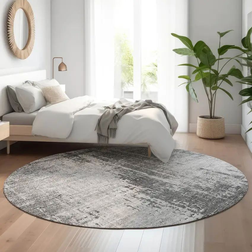 8' Gray And Silver Abstract Washable Round Rug With UV Protection Photo 5
