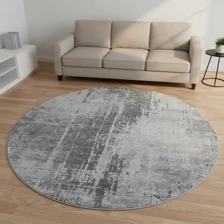 8' Gray And Silver Abstract Washable Round Rug With UV Protection Photo 2
