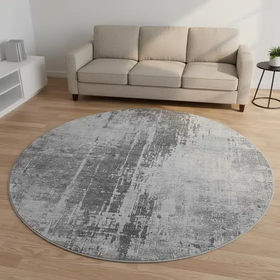 8' Gray And Silver Abstract Washable Round Rug With UV Protection Photo 2