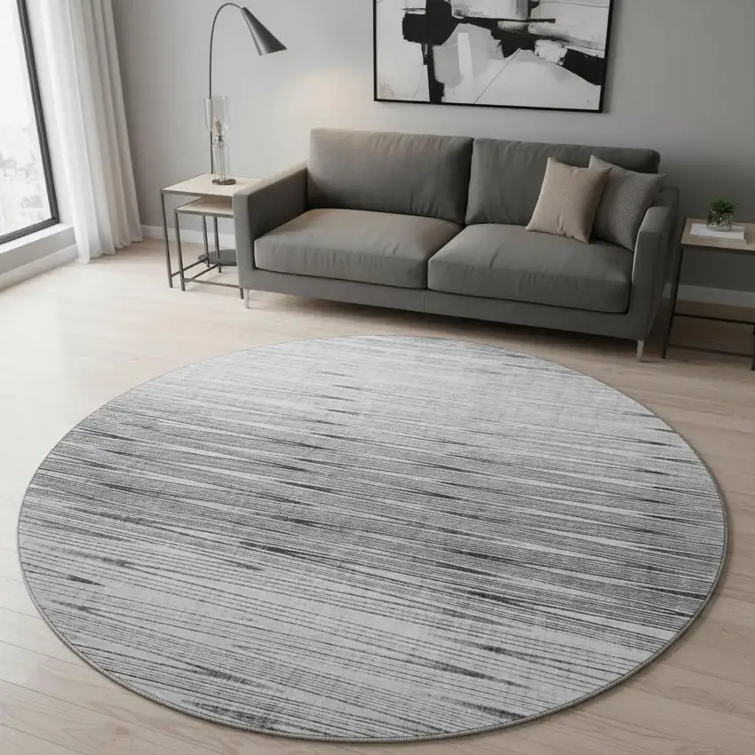 8' Gray And Silver Abstract Washable Round Rug With UV Protection Photo 2