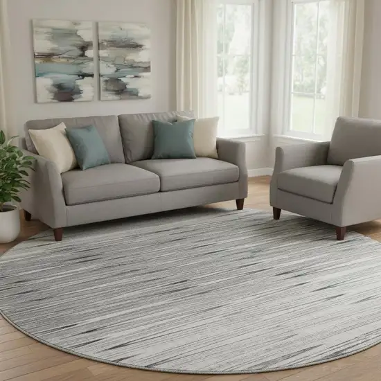 8' Gray And Silver Abstract Washable Round Rug With UV Protection Photo 1