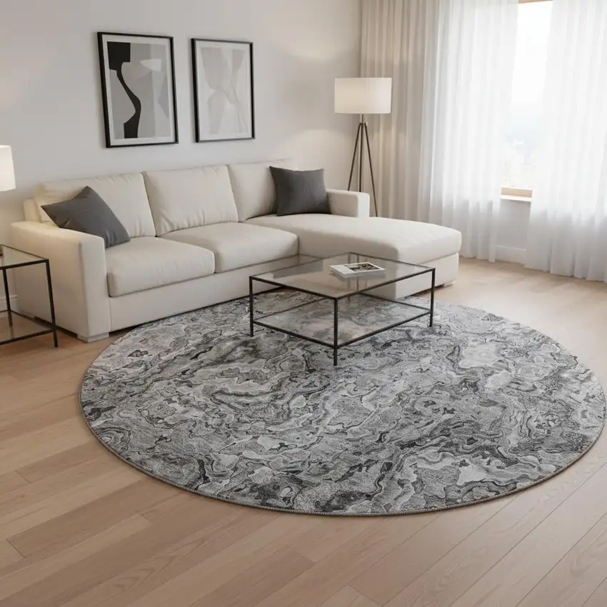 8' Gray And Silver Abstract Washable Round Rug With UV Protection Photo 2