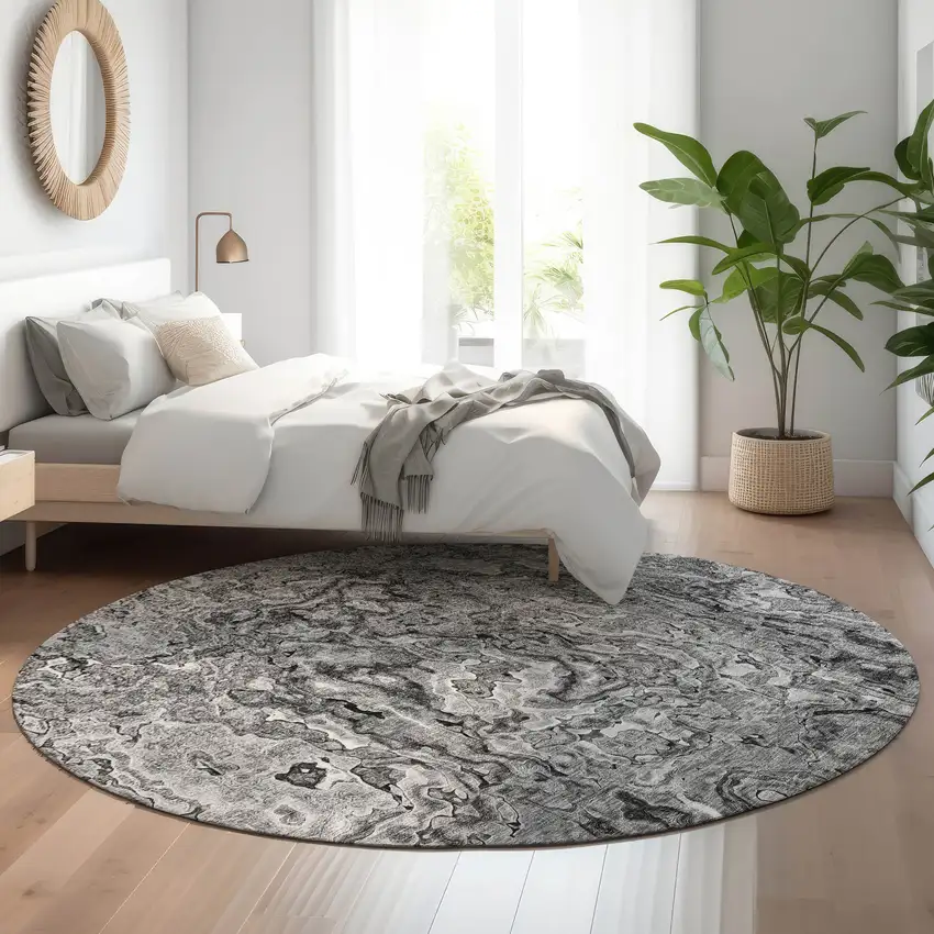 8' Gray And Silver Abstract Washable Round Rug With UV Protection Photo 5