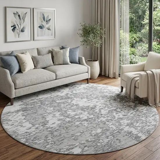 8' Gray And Silver Abstract Washable Round Rug With UV Protection Photo 1