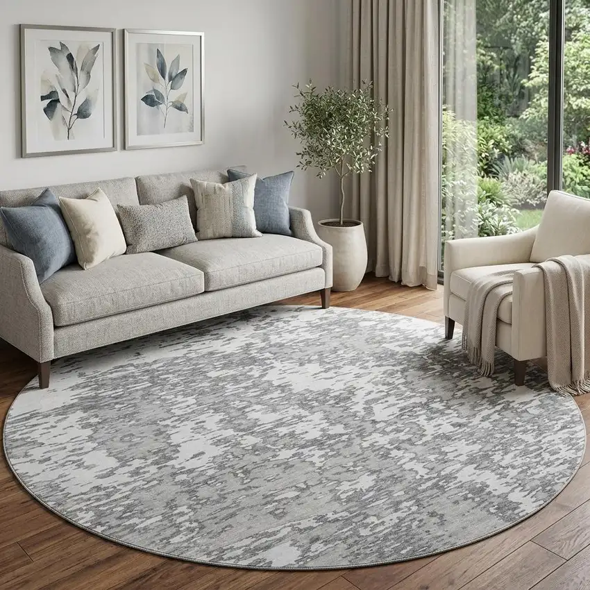 8' Gray And Silver Abstract Washable Round Rug With UV Protection Photo 1