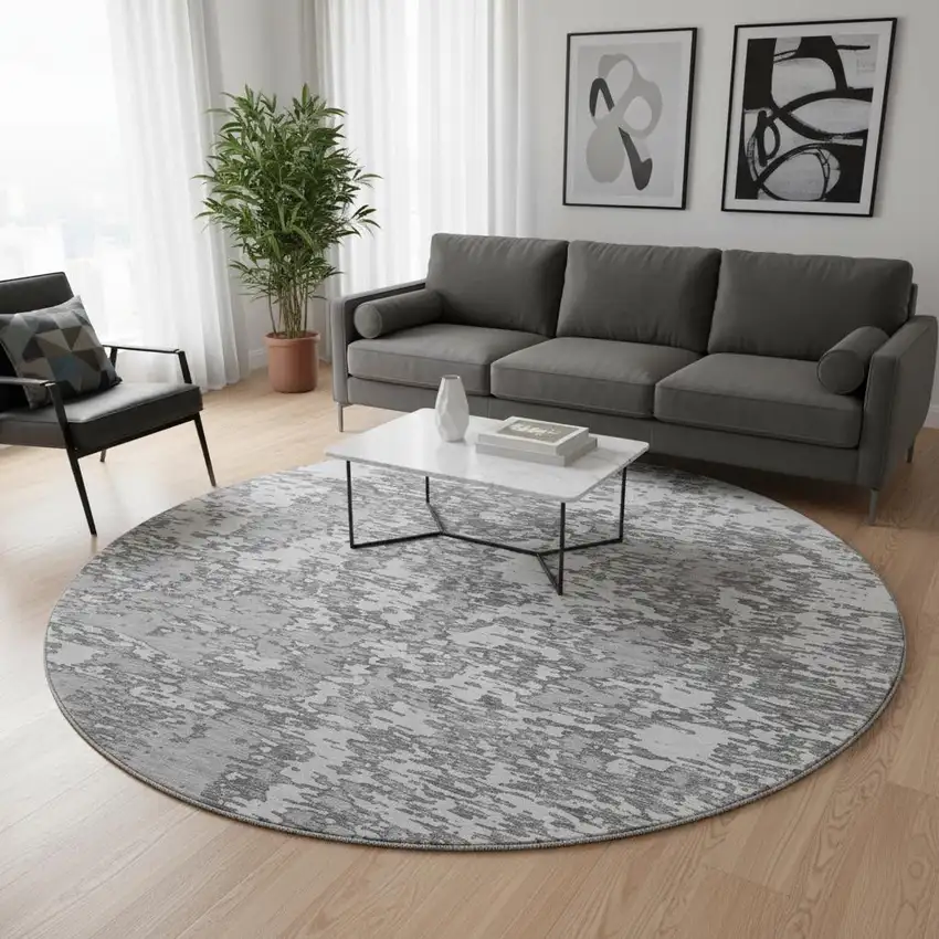 8' Gray And Silver Abstract Washable Round Rug With UV Protection Photo 2