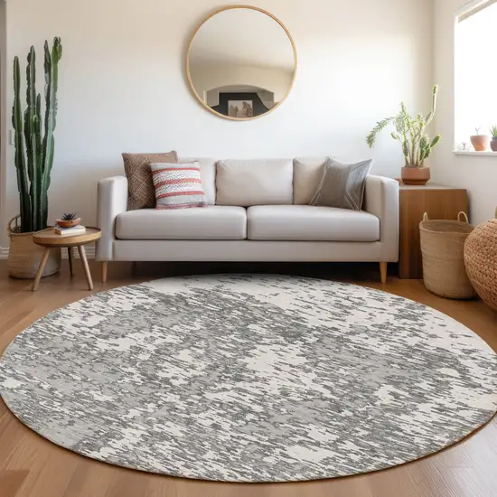8' Gray And Silver Abstract Washable Round Rug With UV Protection Photo 4