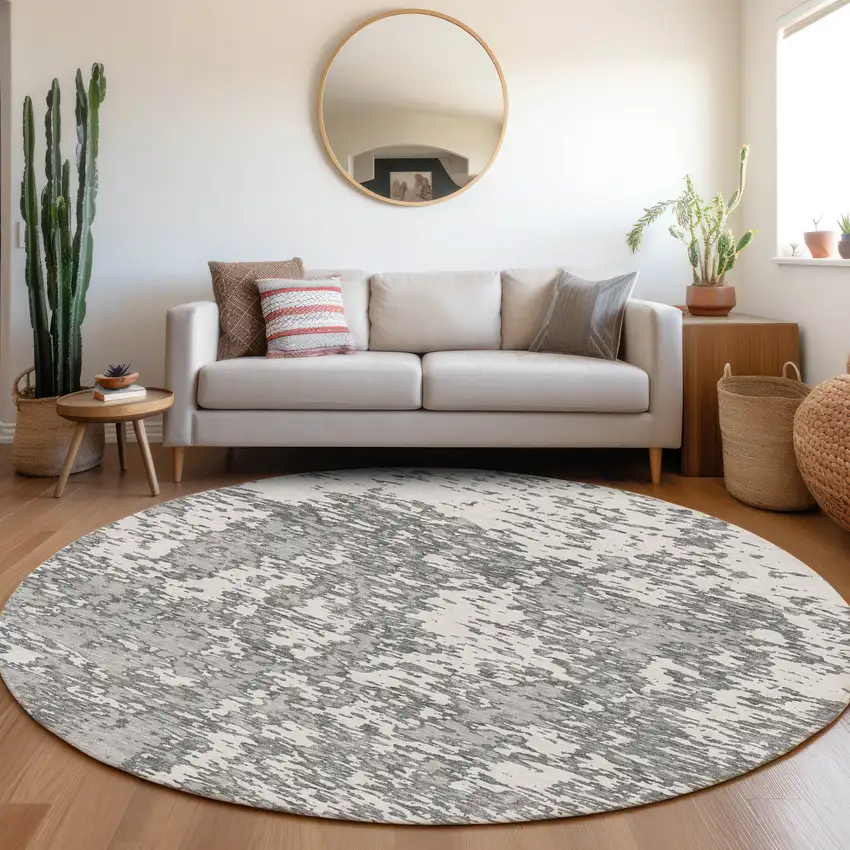 8' Gray And Silver Abstract Washable Round Rug With UV Protection Photo 4