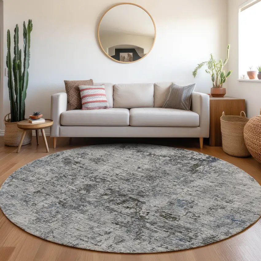 8' Gray And Silver Abstract Washable Round Rug With UV Protection Photo 3