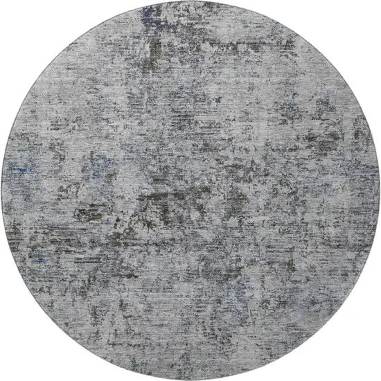 8' Gray And Silver Abstract Washable Round Rug With UV Protection Photo 2
