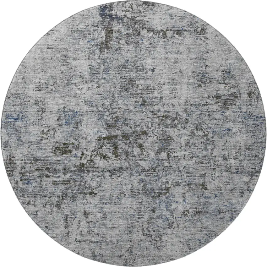 8' Gray And Silver Abstract Washable Round Rug With UV Protection Photo 2