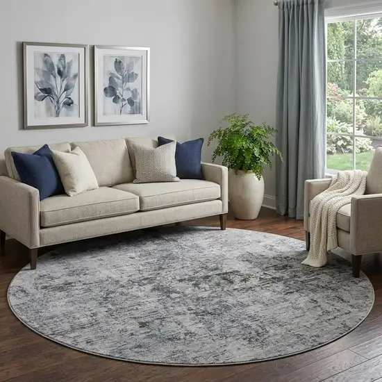 8' Gray And Silver Abstract Washable Round Rug With UV Protection Photo 1