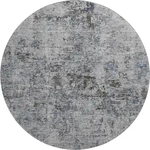 Photo of 8' Gray And Silver Abstract Washable Round Rug With UV Protection