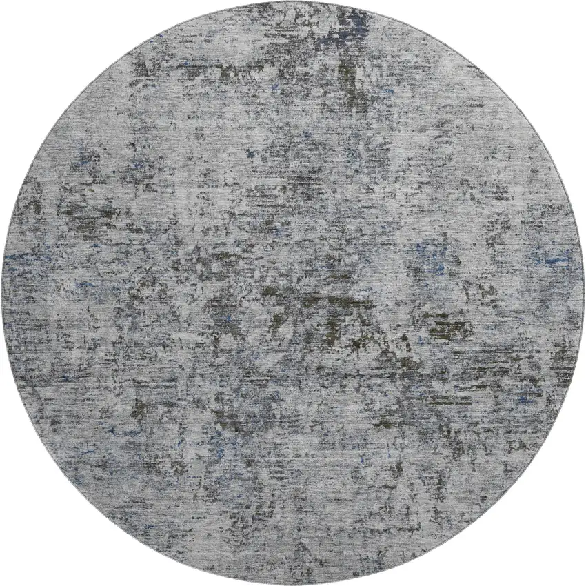8' Gray And Silver Abstract Washable Round Rug With UV Protection Photo 1