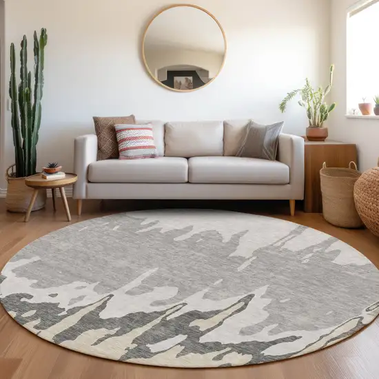 8' Gray And Silver Abstract Washable Round Rug With UV Protection Photo 4