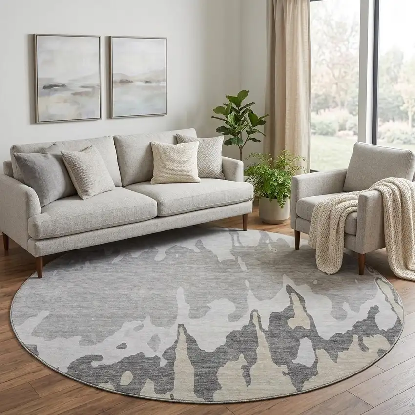 8' Gray And Silver Abstract Washable Round Rug With UV Protection Photo 1