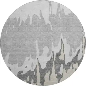 Photo of 8' Gray And Silver Abstract Washable Round Rug With UV Protection