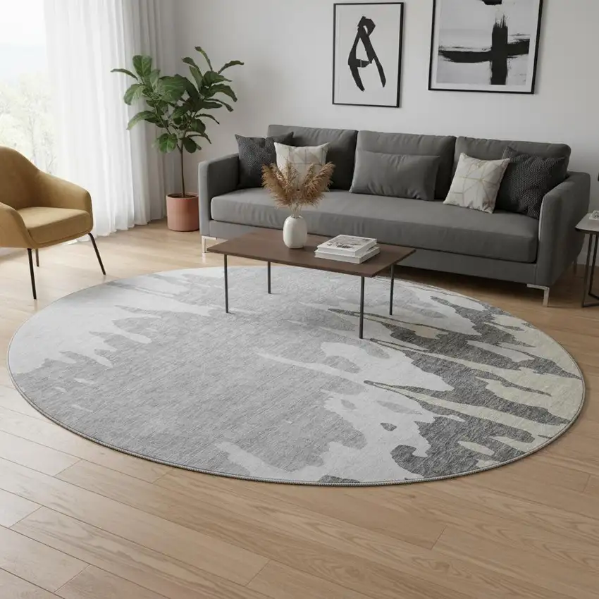 8' Gray And Silver Abstract Washable Round Rug With UV Protection Photo 2