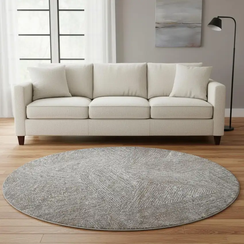 8' Gray And Silver Abstract Washable Round Rug With UV Protection Photo 2