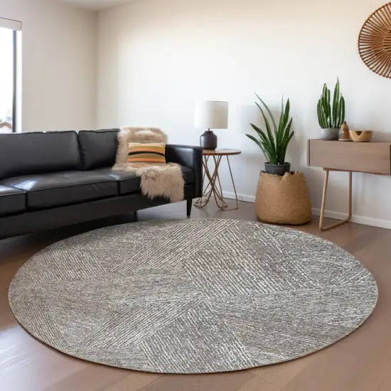 8' Gray And Silver Abstract Washable Round Rug With UV Protection Photo 3