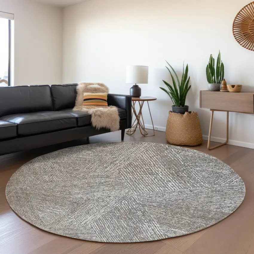 8' Gray And Silver Abstract Washable Round Rug With UV Protection Photo 3